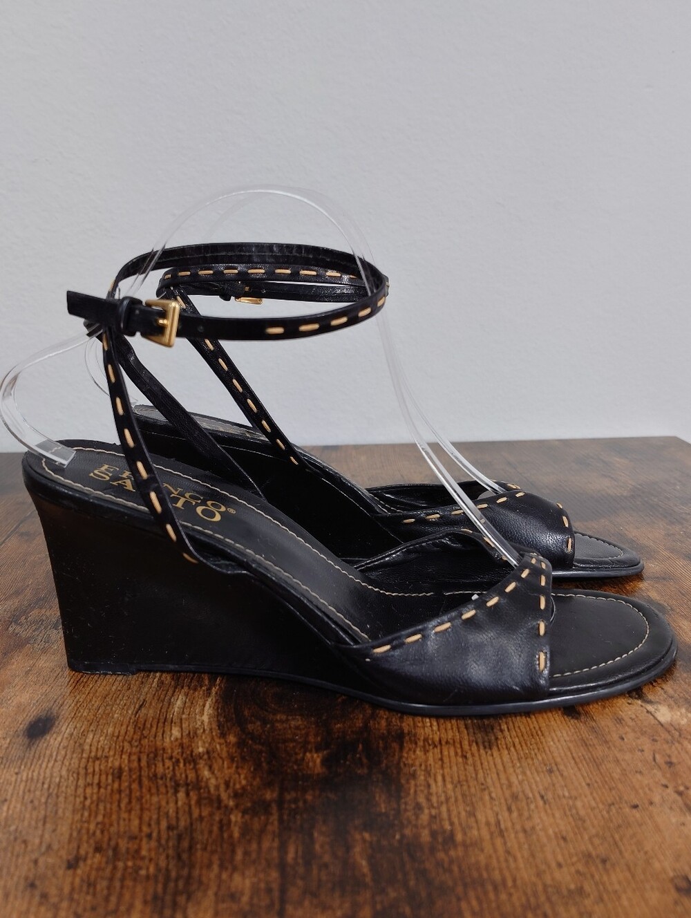 Franco Sarto Black Leather Ankle Strap Wedge Sandals Size 10